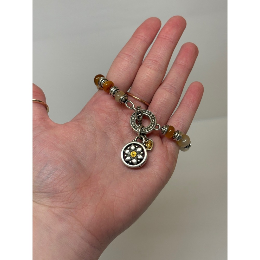 Brighton Honey Beaded Charm Bracelet Silver Tone Heart Flower Toggle